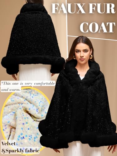 Women's Sequin Faux Fur Shawl Wrap, Winter Bridal Wedding, Luxury Elegant Velvet Fur Coat Jackets Cape Evening Party3