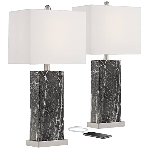 360 Lighting Connie Modern Table Lamps 25" Tall Set Of 2 With Usb Charging Ports Black Faux Marble White Rectangular Shade For Bedroom Living Room House Desk Bedside Nightstand Office Family #TOP1