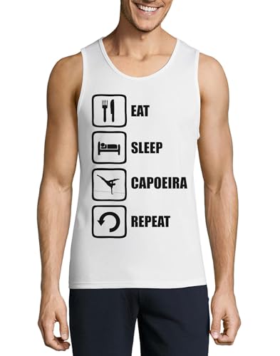 Camiseta sin mangas de algodón blanca para hombre con diseño Eat Sleep Capoeira Repeat