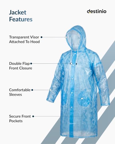 Image of Destinio Poncho for Men, Poncho for Women-Thick Waterproof PVC, Rain Coat, Reusable - Transparent Pocket Raincoat with Hood, Full Cover for Bag in Travel, Trekking, Bike Riders