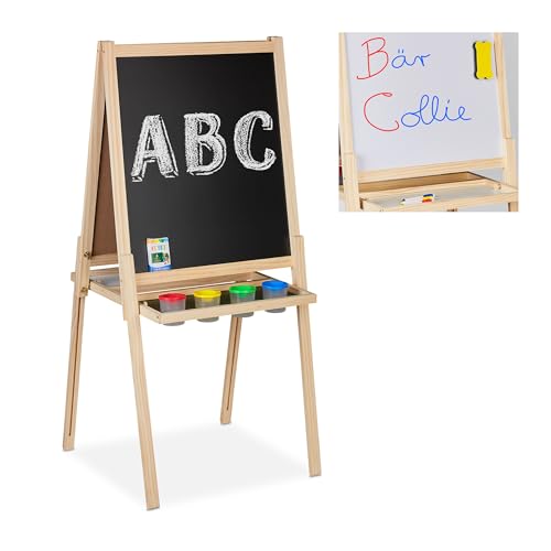 Relaxdays Pizarra Infantil 2 en 1 para Dibujar con Tiza y con Magneto, Altura Ajustable, con Accesorios, Madera, Natural