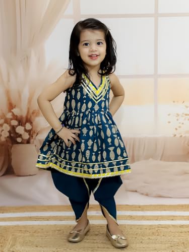 Image of BownBee Halter Neck Pure Cotton Fish Print Kurti with Harem for Girls- (Set of 1) Solid /Printed colorful full length fully stitched regular fit Ethnic wear dress for Kids