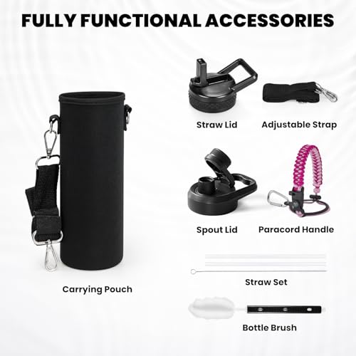 Image of RAYMYLO Insulated Water Bottle 24 oz, Triple Wall Vacuum Stainless Steel (Cold for 24Hrs, Hot for 12Hrs), Leak Proof & Non-BPA, Modern Water Flask Jug with Paracord Handle & Straw Spout Lids