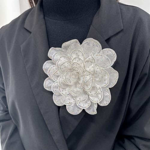Image of Rhinestone Camellia Flower Big Brooch Lapel Pins for Women Fashion Crystal Fabric Floral Brooches Pin for Dresses Suit Accessories Jewelry Boutonniere Corsage Wedding Party 140mm