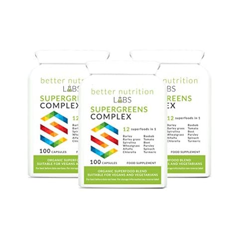 Supergreens Complex - 12 in 1 Organic Multi-Vitamin and Multi-Nutrient Blend of 12 superfoods Concentrated into a Convenient Capsule Format Cover