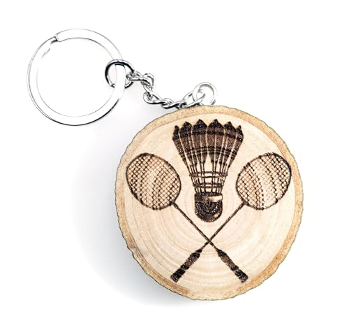 Generico Llavero de madera natural con volante y raquetas de bádminton