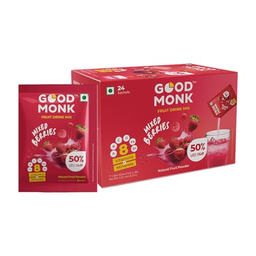 Good Monk Fruit Drink Mix (Natural Mixed Berries Powder), 50% Less Sugar with 8 Vitamins & Minerals (Vitamin B12, C, D, Iron & more) | Tasty & Healthy Mix for Hydration, Energy, Immunity, 24 Sachets