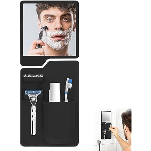 Shower Mirror for Shaving, Holder with Fogless Mirror for Man, Silicone Shower Organizer with Bathroom, Removable & Reusable Mirror Fogless Suction for Shaving with Razor Holder and Toothbrush Cover