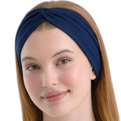 Womens Stretchy Knotted Headbands Solid Color Non-Slip for Yoga Workout Running (Navy Blue 1 Pack)