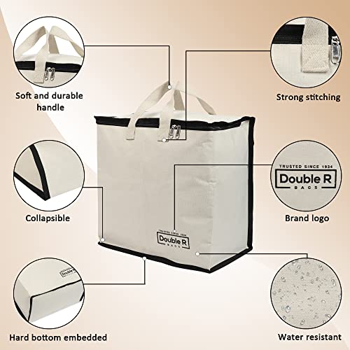 Image of DOUBLE R BAGS Multipurpose Clothes & Grocery Storage Organizer with Reinforced Cotton Handles, Zip Cover & 1 Compartment - Heavy Duty Canvas Bags (Black, 43x27.9x43 cm, Pack of 2)