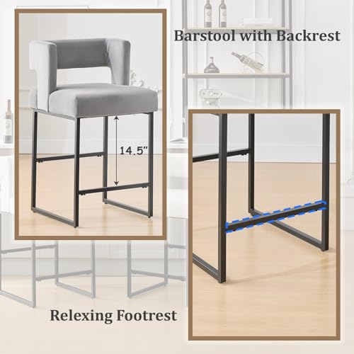 Image of 26 inch H Velvet Bar Stools Set of 6, Counter Height Bar Seats with Square Back, Modern Upholstered Armless Barstools with Metal Black Legs for Kitchen Island Dining Room Bar, Grey