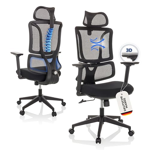 MyBuero Bürostuhl ergonomisch ERGOMY Schreibtischstuhl mit Lordosenstütze, Kopfstütze, Chefsessel Drehstuhl mit Netz-Rückenlehne, Stoff Schwarz