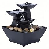 Mini Indoor Water Fountain with Yellow LED Light – USB-C Powered Tabletop Fountain with Real Stones – Compact Water Feature for Home, Office, Desk, Bedroom Decor – Black