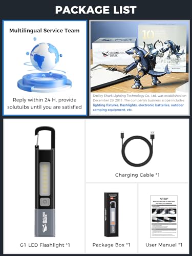 Image of Smiling Shark G1 Flashlight, Small Bright LED Rechargeable Flashlights High Lumens with Side Light & Hook & Zoomable Brightest Handheld Waterproof Flash Light for Emergencies /Camping /Home, Black