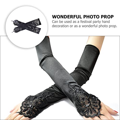 Mangas de Luvas Longas Pretas: Stretchy Finger Floral Bordado Lantejoulas Partido Bridal Luvas Fato