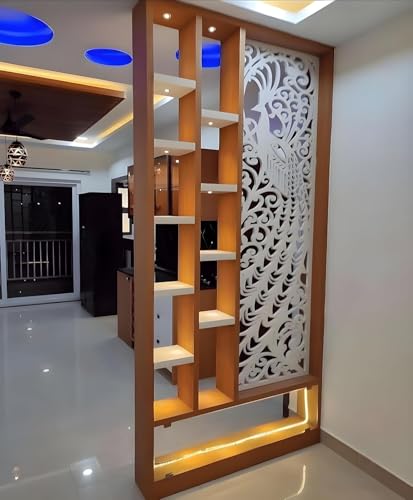 Image of MKH KRAFTS Wooden Carved Room Divider & Partition Shelf Handcrafted Multifunction Room Separator Wall Panel with Storage Display Racks 72x48 Inch for Living Room, Bedroom Kitchen