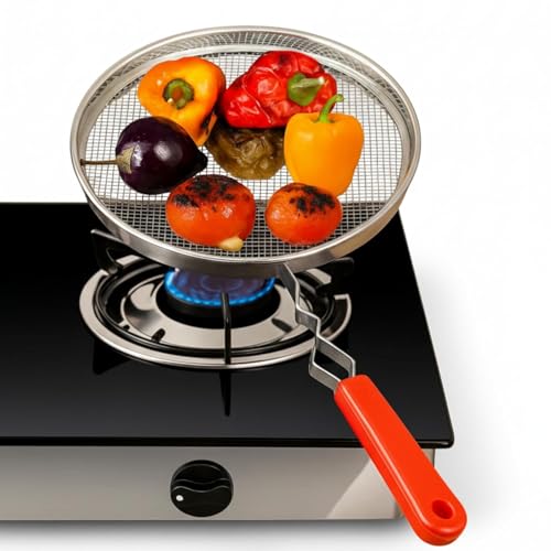 Round stainless steel mesh roasting basket with a red heat-resistant handle — the open mesh lets the gas flame reach food directly for charring