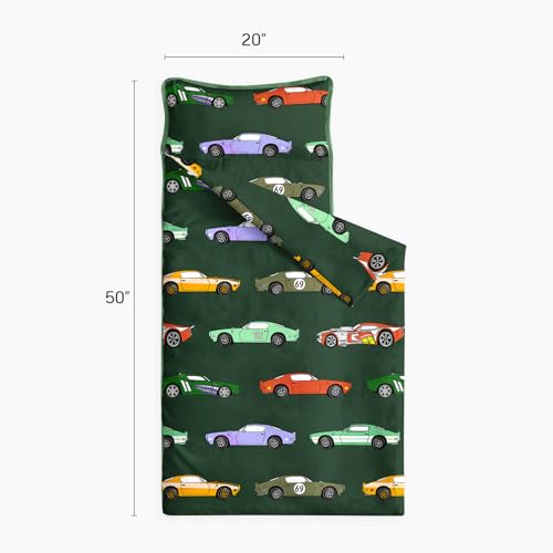 Image of Wake In Cloud - Toddler Nap Mat with Pillow and Blanket, for Kids Boys Ages 3 Plus in Kindergarten Daycare Preschool, Roll Up Sleeping Bag, Race Cars Vehicles