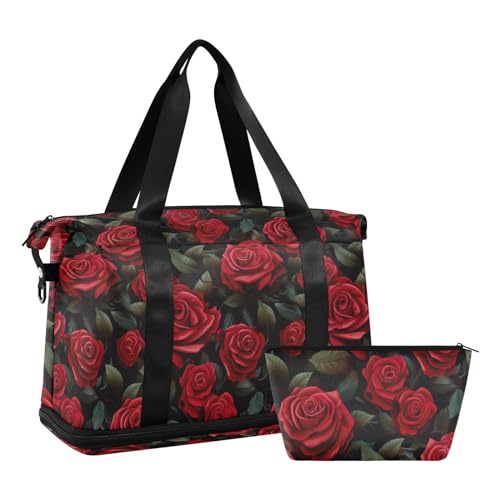 Red Roses Gym Bag for Women & Men,Duffel Bag with Shoe Pocket,Weekender Overnight Bag with Trolley Sleeve for Travel 212149722