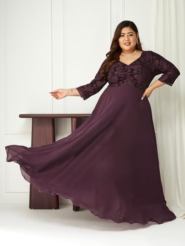 Image of Miss Chase A+ Women's Floral Printed Relaxed Fit V -Neck 3 /4Th Sleeve Georgette Maxi Dress