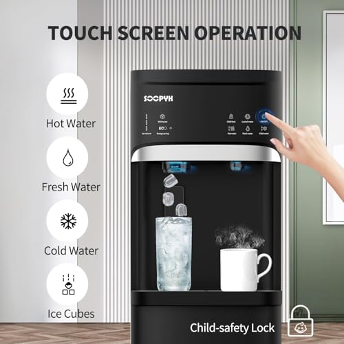 Image of Self Cleaning 4-in-1 Hot /Cold /Room Water Cooler Dispenser with Ice Maker, Bottom Load, Bullet Ice 22 lbs Daily Capacity, Ice Full Alert Black