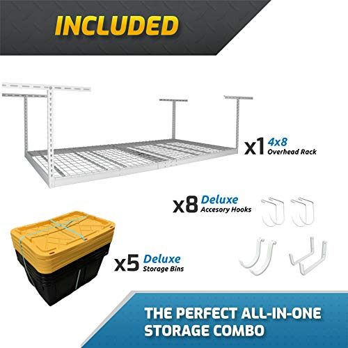 MonsterRAX 4x8 Rack and Bins Bundle | 4’ x 8’ Overhead Rack w/Storage Bins and Accessory Package (White, 18\"-33\")