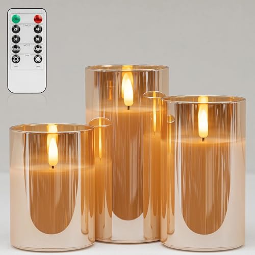 Image of Gold Flameless Candles With Remote LED Battery Operated Pillar Candles Set | Acrylic Cup Design Realistic Glow 10-Key Remote With Timer & Brightness Control for Fireplace, Wedding & Home Decor