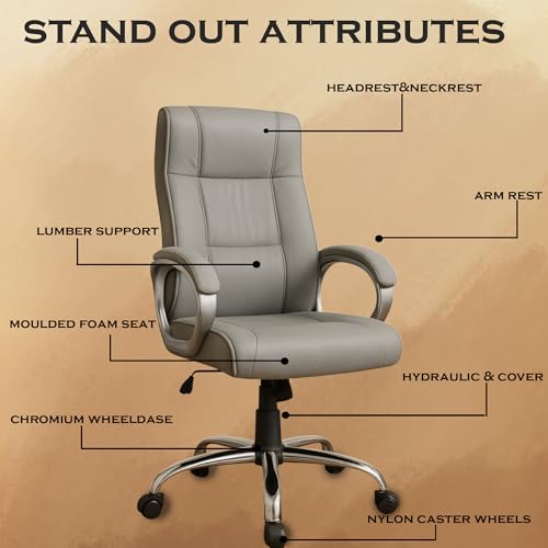 Image of Vista Ergonomic Leatherette Boss Chair for Office | High Back Revolving Chair for Home, Office, Study & Gaming | Height Adjustable Office Chair in Crome Base | 1pc (Grey)