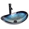 ARTETHYS Bathroom Sink and Faucet Combo Artistic Tempered Glass Vessel Basin Cabinet Countertop Washing Bowl Set with ORB Oil Rubbed Faucet Pop up Drain and Water Pipe Oval Ocean Blue