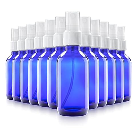 2oz Glass Spray Bottles for Essential Oils, Small Empty Spray Bottle, Fine Mist Spray - Set of 12 Blue Bottles with White Mister Tops Cover
