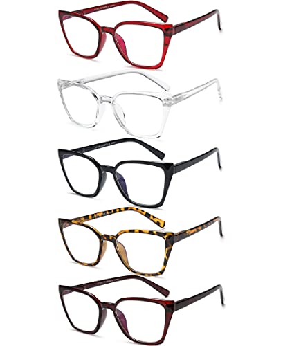 Eyeurl Oversized Readers For Women - 5 Pack Blue Light Blocking Reading Glasses Ladies +1.5 Fashion Square Frames Magnification With Spring Hinge #TOP1