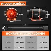 FanGoFast Regelbar Rohrventilator 200mm, 940m³/h Inline Abluftventilator mit EC Motor, Rohrlüfter für Keller, Garage, Küche, Badezimmer, Wachstumszelte, Hydrokulturen, Growzelt, Belüftung und Abluft – Ansicht 3
