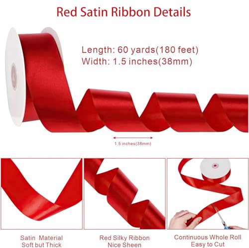 Image of woric Red Satin Ribbon 1.5 Inch 60 Yards for Gift Wrapping | Wedding Decor Ribbon for Flower Bouquet Handmade Roses Bridal Shower Bridesmaid Gifts Hair Bows Crafts Party Gift Wrapping