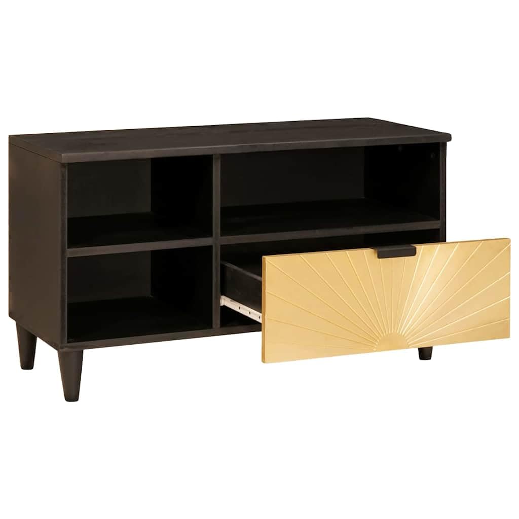 TV-Schrank Schwarz Gold 80x33x46 cm Holzwerkstoff | Mehrere Regale, Kegelfuesse, Stangengriffe, Pflegeleicht mit Feuchttuch