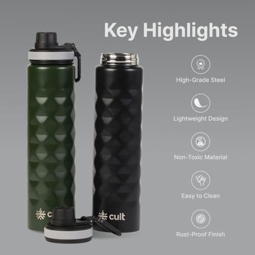 Image of CULT Stainless Steel Water Bottle 1 Litre with Diamond Sports Cap - Durable, Leakproof, Rust-Resistant, Easy to Clean, Lightweight & Portable - Stylish Sage Green Design