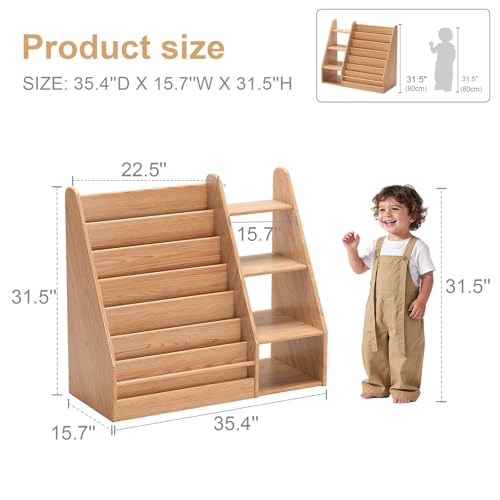 Image of Solid Wood Kids Bookshelf and Storage Organizer, 7 Layer Children Bookcase, Baby Toddler Wooden Book Shelf, Display Cabinet for Playroom, Bedroom, Classroom, Nursery, School, Natural