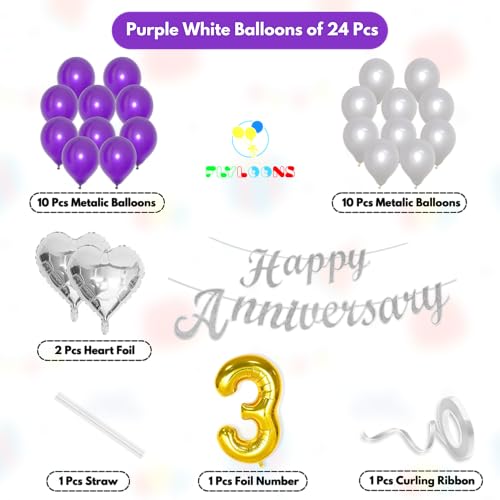 Image of Flyloons 3rd Happy Anniversary Decoration Items Purple for Men Women Husband Wife Mom Dad Parent Couple Home Bedroom Car With 20 Pcs Metallic Balloons Anniversary Banner 2 Pcs Heart Set Kit