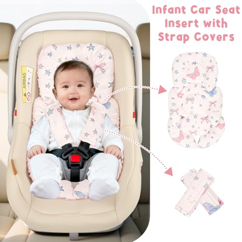 Image of GFU Infant Car Seat Insert Head and Body Support with Strap Pads Pink Star
