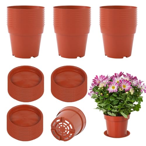 Gobesty 30 Pack 10cm Indoor Plant Pots With Saucers - Plastic Nursery Containers for Herbs, Seedlings, Flowers, Vegetables, Succulents, Cactus, Cuttings, Terracotta