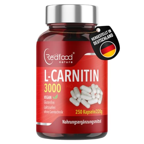 REDFOOD L - Carnitin hochdosiert 250 Kapseln á 750mg L- Carnitintartrat 100% Vegan ohne Zusatzstoffe Made in Germany
