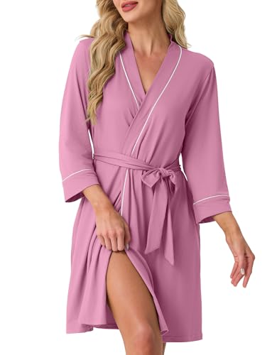 Image of PrinStory Womens Robe Knee Length Soft Knit Bathrobe S-2XL | V-Neck 3 /4 Sleeve Robes with Pockets, Lightweight, Breathable Bath Robe for Shower, Spa, Travel, Home, Party, Nursing
