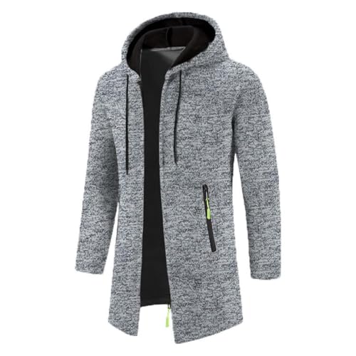 Men's Long Hooded Knitted Cardigan Shawl Collar Lightweight Open Front Drawing Overcoat with Pockets