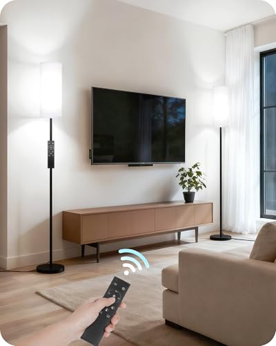 Image of Set of 2 Dimmable Floor Lamps for Living Room with 2 Remotes and Foot Switch, 64.4 inchModern Standing Tall Lamp, Corner Lamp for Bedroom, Bulb Included, 3000K-6500K, White Shade CW06LDP205W1