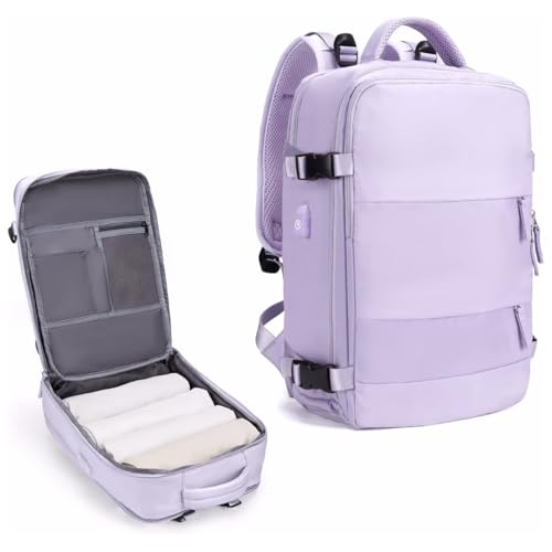 Mochila De Viagem Avião Grande Multifuncional Unissex - Mochila De Mão Com Porta USB, Compartimento para Tênis, Notebook (Lilas)