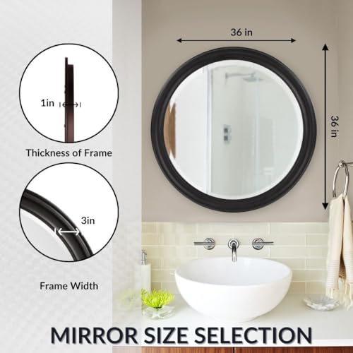 Image of Howard Elliott Collection George Round Glossy Black Wall Mirror, Bevelled Vintage Hanging Wood Framed Vanity Mirrors for Home Decor, Living Room, Bathroom, Bedroom, or Hallway, 36 Inch Round