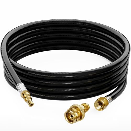 CALPOSE 15 FT Propane Quick Connect Hose for RV to Gas Grill Come with 1 LB Throwaway Bottle Connect Adapter Dual Functionality 1/4RV Propane Hose Fits for Most LP Gas Equipment and Portable Grill