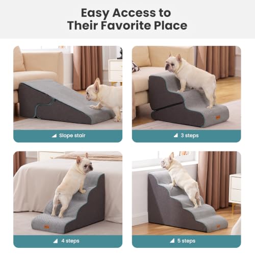 Image of Gardner Pet Dog Stairs for Small Dogs 16.5 inch H, 2 in 1 Transformable 3-Step Pet Stairs and Dog Ramp for Couch (13-20 in), Grey Adjustable Pet Steps with Zipper