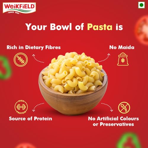 Image of Weikfield Macaroni Pasta| Healthy Pasta Made With 100% Durum Wheat Semolina | No Maida | Rich in Protein & Fibre | Non Sticky | 100% Vegetarian | 1Kg Pouch