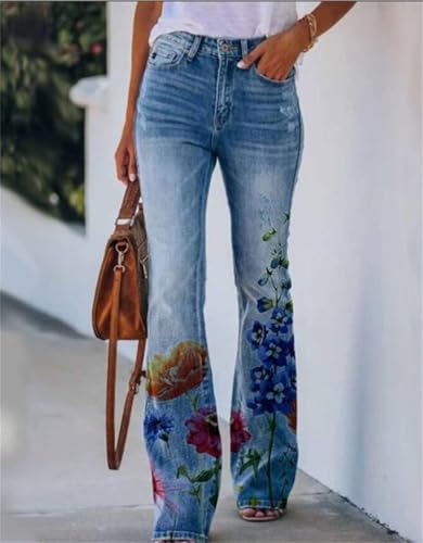 Women's Floral Print Denim Elastic Waist Jeans Stretch Wide Leg Pants with Pockets2