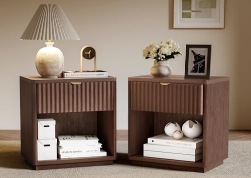 SnuHome Nightstands Set of 2, Nightstand with Drawers Bedside Table End Table, Modern Fluted Nightstand Bed Side Table for Bedroom Living Room Home Office (Brown)